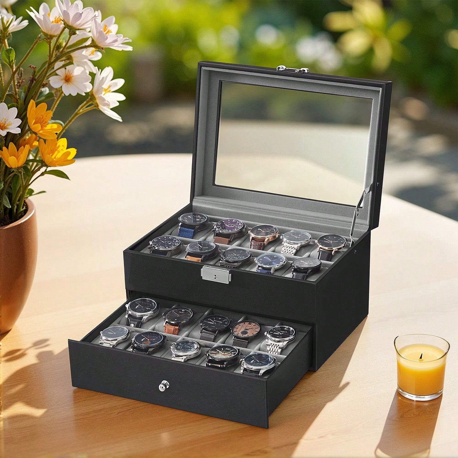 20-Slot Watch Box with Glass L - đánh giá và giá Jewelry Box With Watches