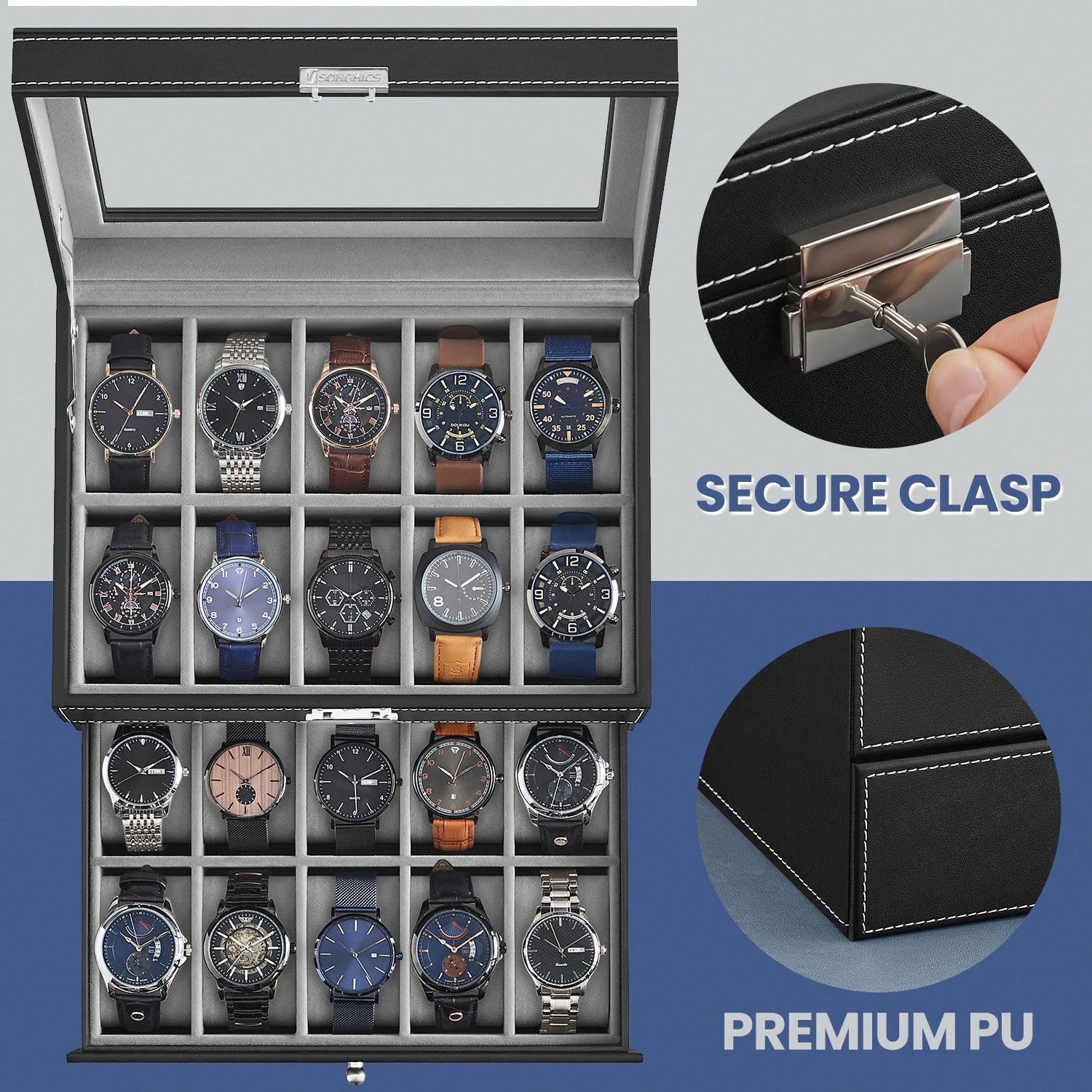 20-Slot Watch Box with Glass L - đánh giá và giá Jewelry Box With Watches